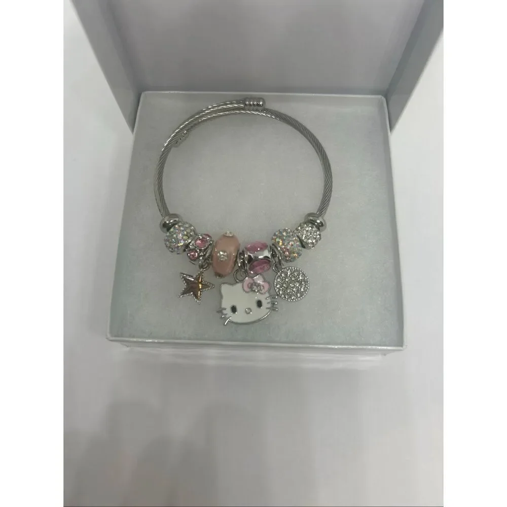 💗 Hello Kitty Pink Charm Bracelet – Silver Tone – Sparkly Beads & Charms – Gift